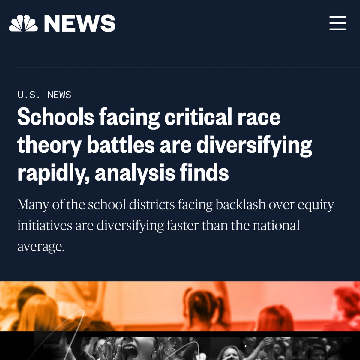 The white backlash over CRT is concentrated in places where schools are diversifying more rapidly. Where white parents see their kids attending somewhat more integrated and inclusive schools. The backlash, fundamentally, is an expression of segregationism. nbcnews.com/news/us-news/s…
