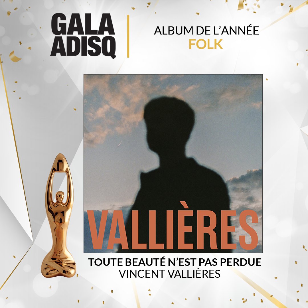 #GalaADISQ ✨ C'est <a href="/vvallieres/">Vincent Vallières</a> qui remporte le Félix « Album de l'année - Folk » pour son album « Toute beauté n'est pas perdue ». 💙