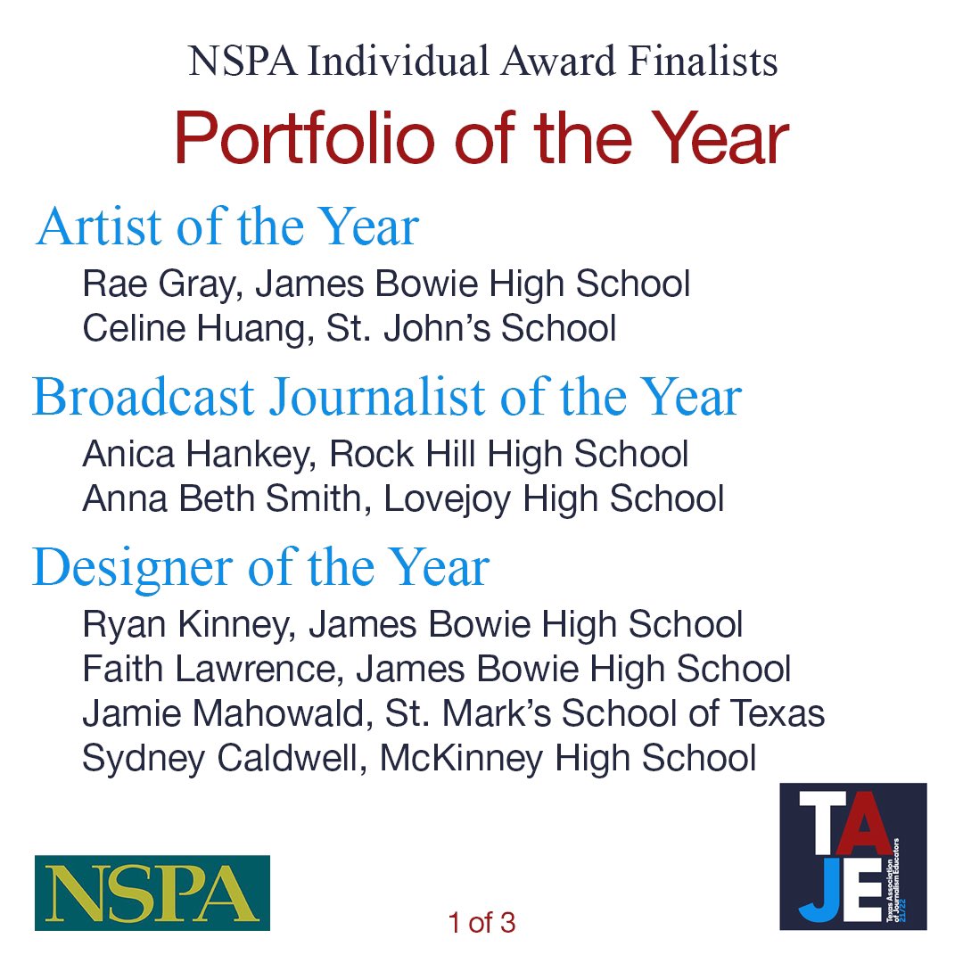 TxAJE's tweet image. Congratulations to these Texas students who have been named finalists by @NSPA for Portfolio of the Year. #TexasStrong