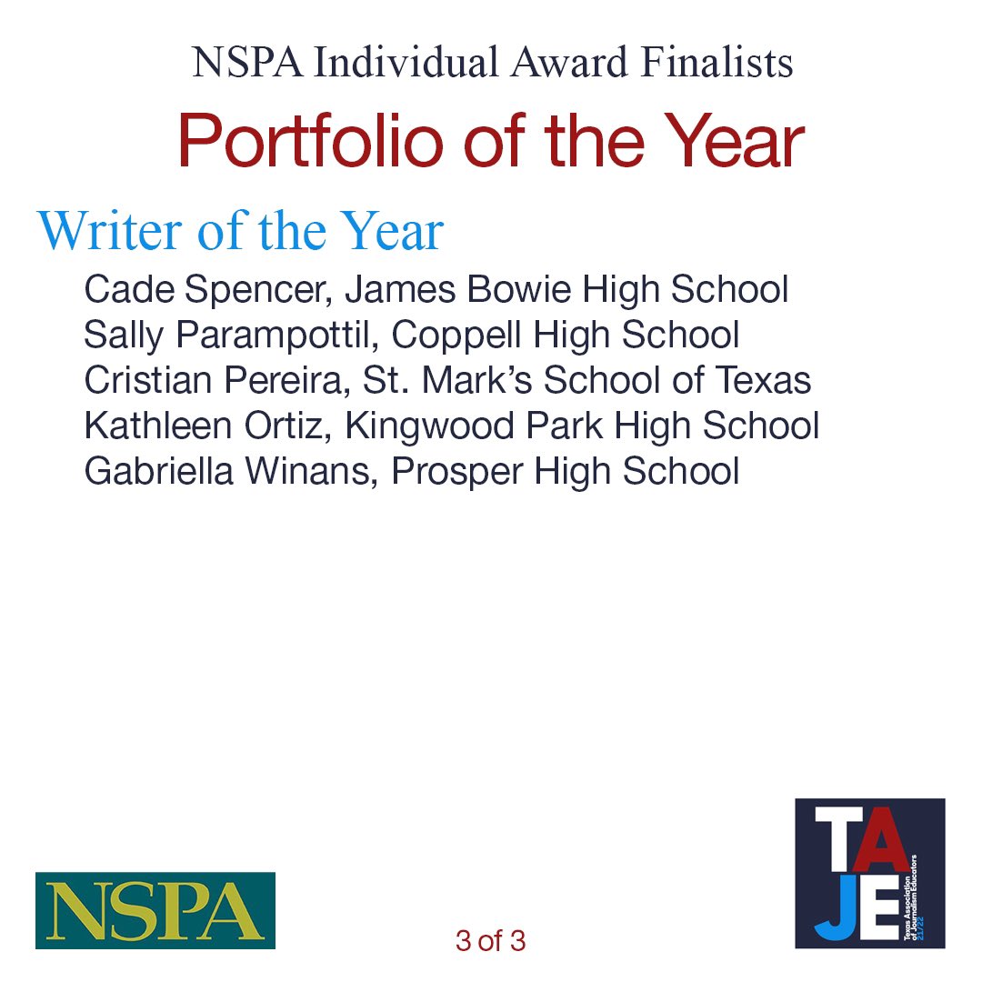 TxAJE's tweet image. Congratulations to these Texas students who have been named finalists by @NSPA for Portfolio of the Year. #TexasStrong