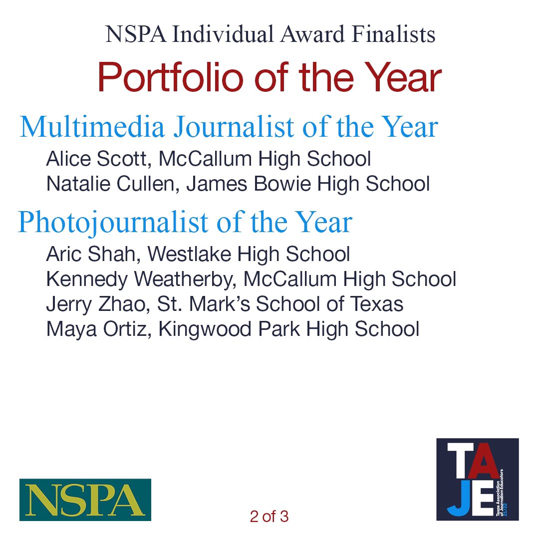 TxAJE's tweet image. Congratulations to these Texas students who have been named finalists by @NSPA for Portfolio of the Year. #TexasStrong