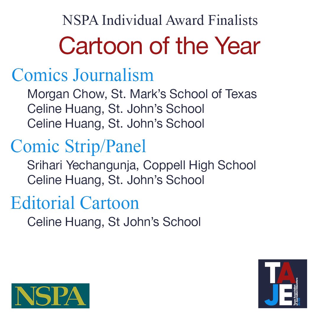 TxAJE's tweet image. Congratulations to these Texas students who have been named finalists by @NSPA for Cartoon of the Year. #TexasStrong