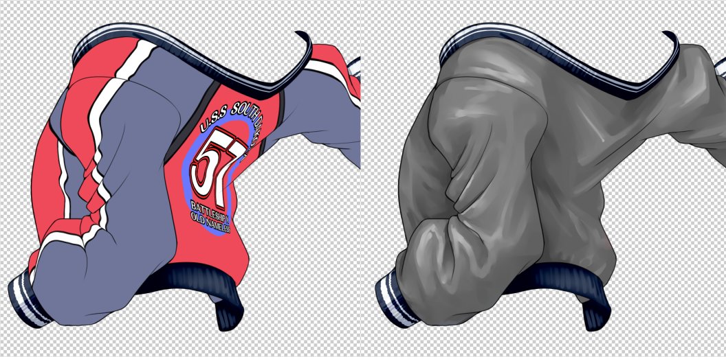 このサウスダコタさんのスカジャン、クリスタで左の塗り分けレイヤーに右の濃淡をリニアライトで重ねただけなんですよ。
意外とシンプルな構成なんですけど結構それっぽい色になったので参考になるといいですねー https://t.co/i9miGP7SXe 