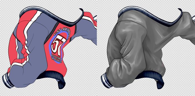 このサウスダコタさんのスカジャン、クリスタで左の塗り分けレイヤーに右の濃淡をリニアライトで重ねただけなんですよ。
意外とシンプルな構成なんですけど結構それっぽい色になったので参考になるといいですねー https://t.co/i9miGP7SXe 