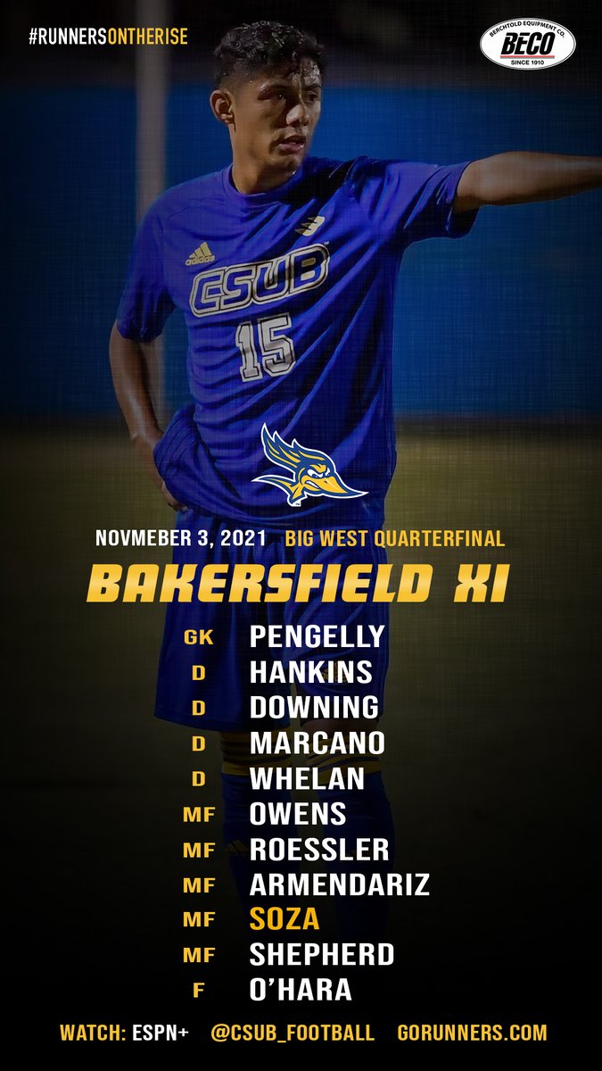 csub_msoccer's tweet photo. Tonight's @CSUBakersfield starting line-up for @csub_football's @BigWestSports quarterfinal w/ @ucdavismsoc, as built by @BerchtoldCo #RunnersOnTheRise #GoBako https://t.co/UEOKHfYLQd