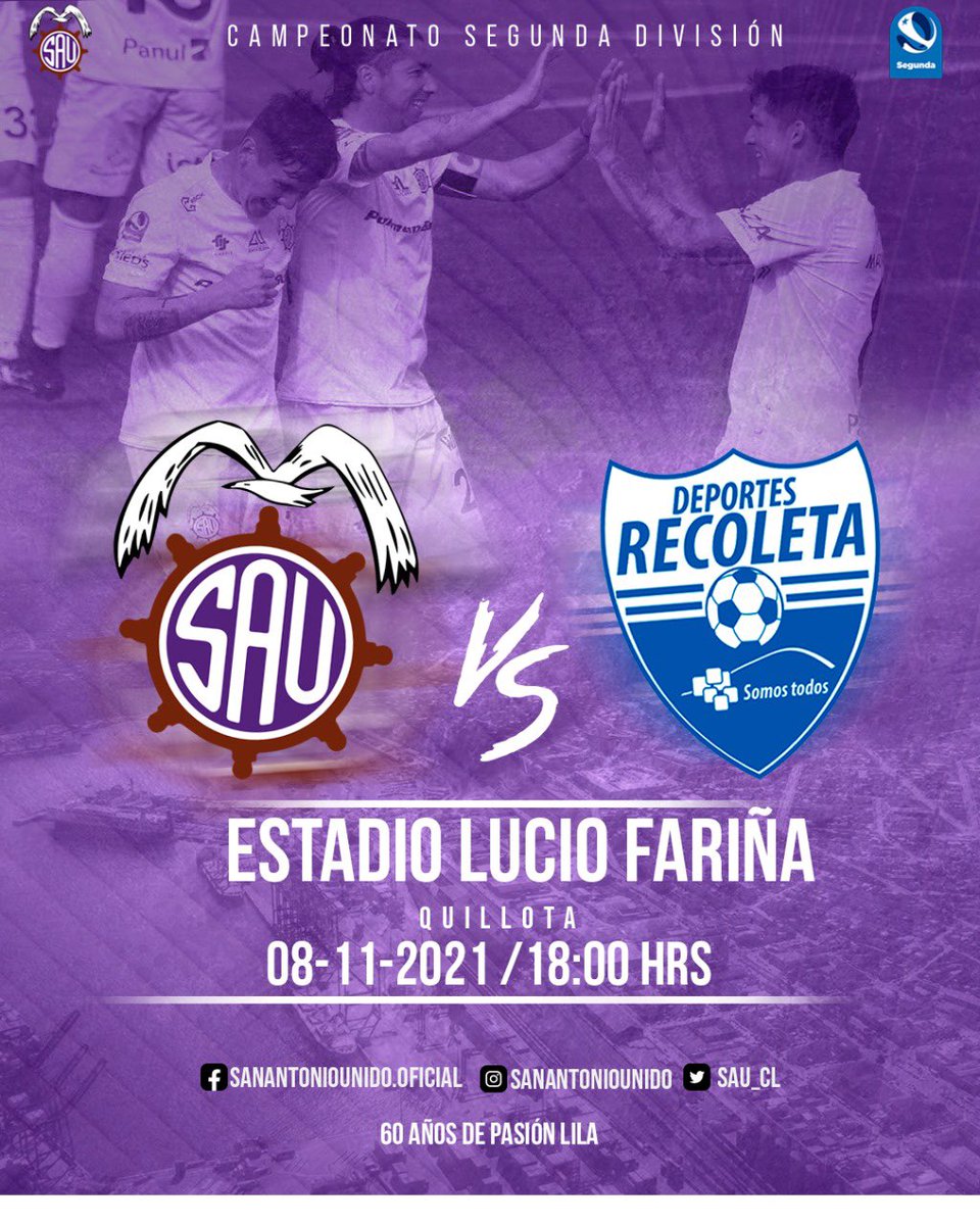 🏆Campeonato Segunda División 🇨🇱
🆚 Deportes Recoleta ⚪️🔵
📆 8 Noviembre 2021
🕞 18:00 horas
🏟 Lucio Fariña Quillota
📺 SAUTV
📻 ChilenaFM 
Compra acá tu ticket 👉 movilticket.cl/home/comprar.h…
☸️ Vamos SAU