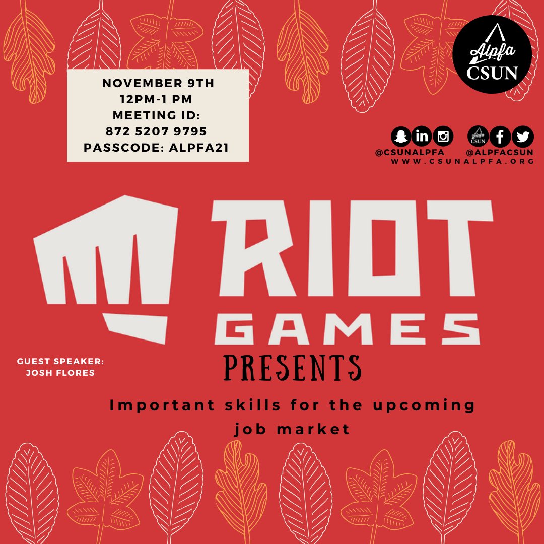 Hey Alpfamilia!

Don’t miss our meeting Riot Games November 9 from 12-1pm. See you all there!

#csunalpfa #ALPFA #alpfamilia #CSUN