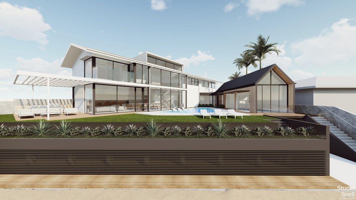Approved! Boat Shed House in Broadbeach Waters, Gold Coast. Designed around a resort style pool and the North-East aspect this house is all about the Gold Coast lifestyle. A figurative boatshed with large panel-lift doors opening to the pool &amp; lawn is the ultimate games space.