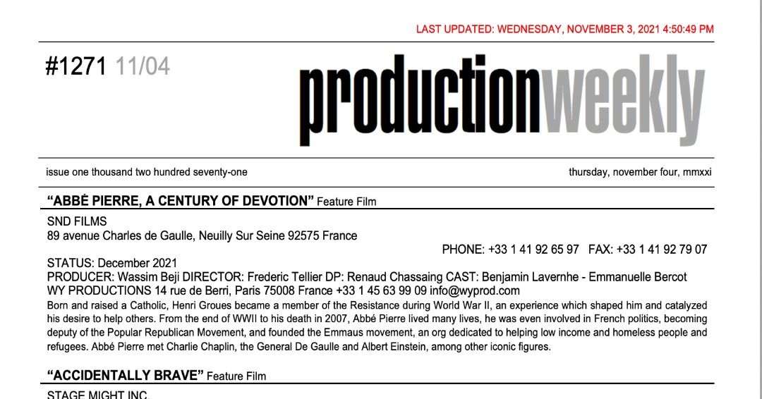 #RT <a href="/prodweek/">Production Weekly</a>: Production Weekly - Issue 1271 - Thursday, November 4, 2021 / 146 Listings - 33 Pages - Production Weekly buff.ly/31tH1HD