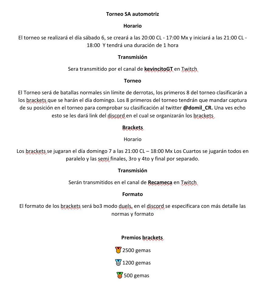 domil (@domil_cr) on Twitter photo #torneoSAautomotriz
📣TORNEO ABIERTO PARA TODA LA COMUNIDAD
🎥Transmitido <a href="/Recameca/">Recameca 😈</a> <a href="/kevincito_CR/">Kevincito</a>
📅Sábado 6
🕑21:00🇨🇱18:00🇲🇽
🏆8 primeros pasarán al bracket
Premios brackets
🥇2500 gemas
🥈1200 gemas
🥉500 gemas
Requisitos seguir a
•<a href="/LadronesSquad/">Ladrones Squad 🏆</a>
•instagram.com/sa.automotriz?… #torneoSAautomotriz
📣TORNEO ABIERTO PARA TODA LA COMUNIDAD
🎥Transmitido <a href="/Recameca/">Recameca 😈</a> <a href="/kevincito_CR/">Kevincito</a>
📅Sábado 6
🕑21:00🇨🇱18:00🇲🇽
🏆8 primeros pasarán al bracket
Premios brackets
🥇2500 gemas
🥈1200 gemas
🥉500 gemas
Requisitos seguir a
•<a href="/LadronesSquad/">Ladrones Squad 🏆</a>
•instagram.com/sa.automotriz?…