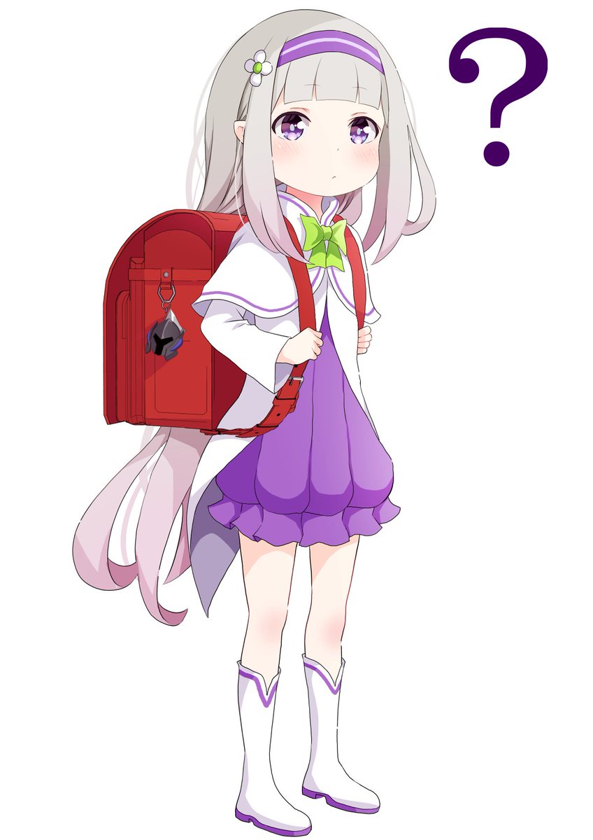 emilia (re:zero) ,natsuki subaru aged down 1girl long hair crime prevention buzzer bangs purple eyes bag  illustration images