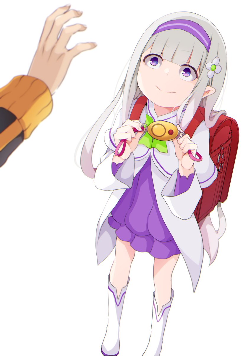 emilia (re:zero) ,natsuki subaru aged down 1girl long hair crime prevention buzzer bangs purple eyes bag  illustration images