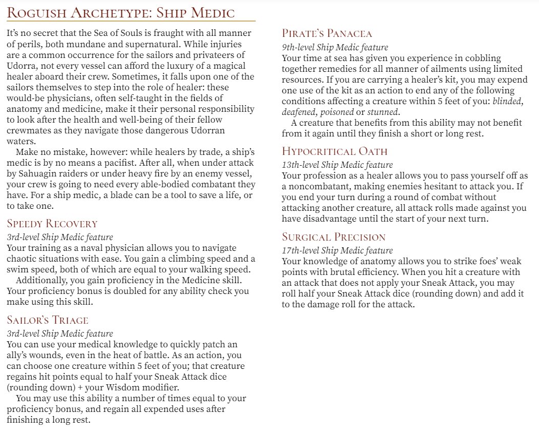 EldritchCreates's tweet photo. Day 3 of #Swashbucklvember brings a new Rogue Archetype: the Ship Medic, handy with a blade at saving - and ending - lives! Today's #homebrew is brought to you by Jack (Torque)! Add it to your #seafaring #dnd campaign for something new!
#dnd5e #worldbuilding #ttrpg #rpg https://t.co/EWZ8y6m6IU