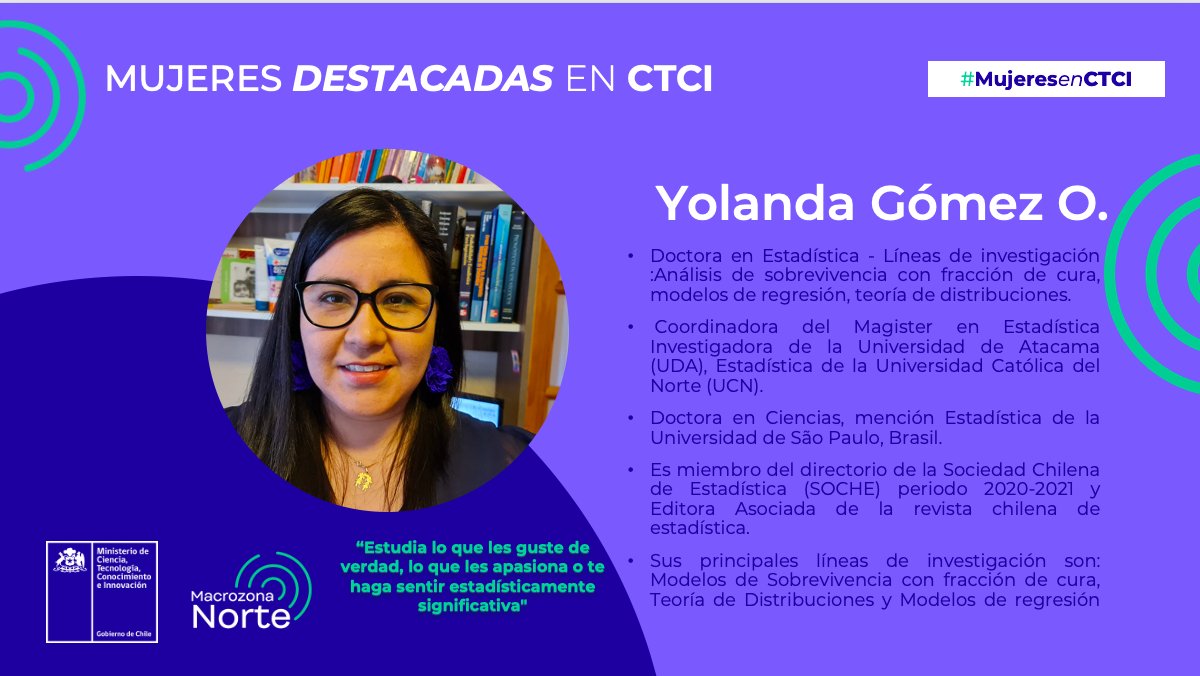 SeremiCienciaN's tweet photo. Destacamos a Yolanda Gómez, @YMGOMEZOLMOS como mujer referente en CTCI de la Macrozona Norte, investigadora y académica de la @UAtacama 

Actualmente es directora y parte del cuerpo académico del Magíster en Estadística que se dicta en dicha Universidad desde el año 2019. https://t.co/EaMbaAF8f4