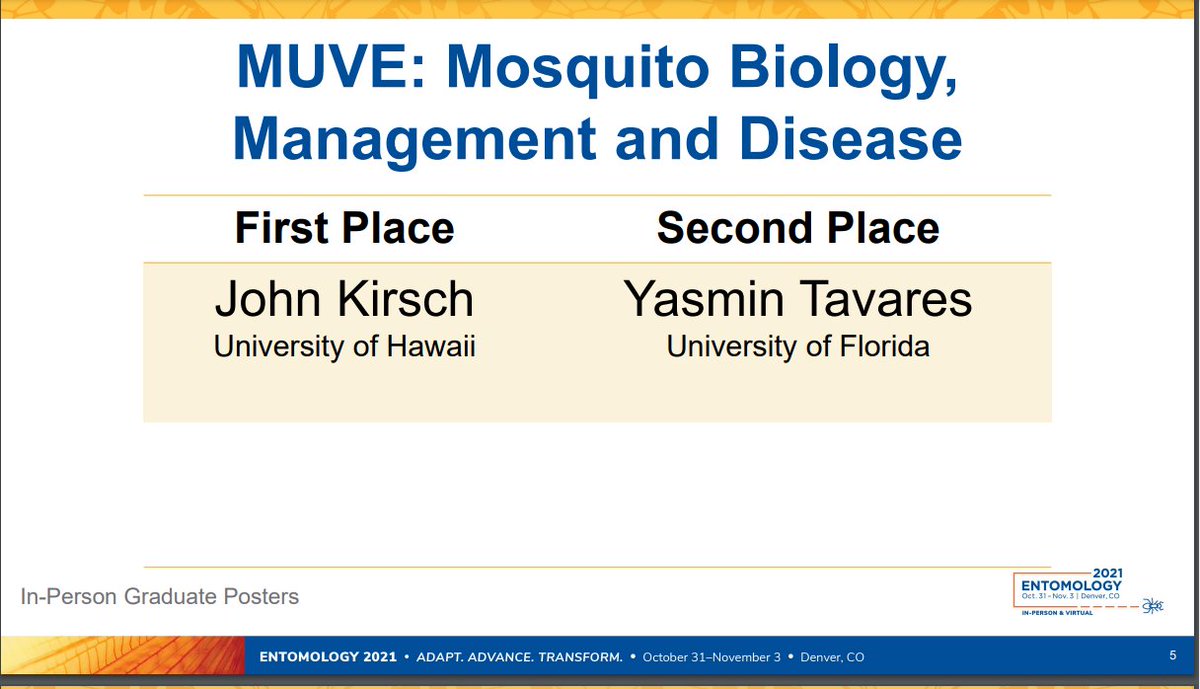 Congrats to @YasminLTavares for winning second place in the graduate student poster competition in the Mosquito biology, management, and disease section of MUVE at #EntSoc21 !!!