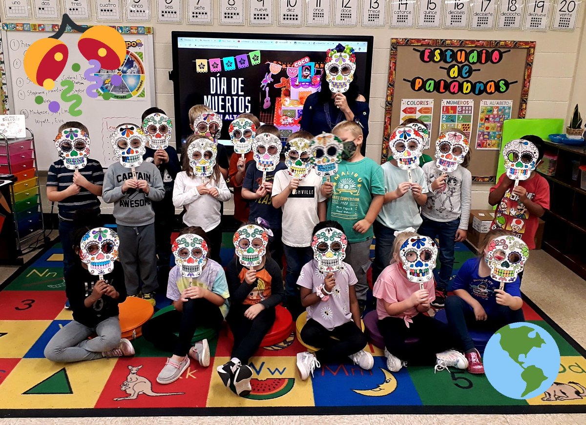 FelipeSPteacher's tweet photo. A #shoutout to my Co-teacher @CastiStephani for these beautiful "calaveritas" masks celebrating #DiaDeMuertos They're so colorful that show us how happy this day should be! And now they're part of our mural outside our classoom so everyone can see 😄 #DCSBetterTogether  #teamwork https://t.co/v9wXk4yexd