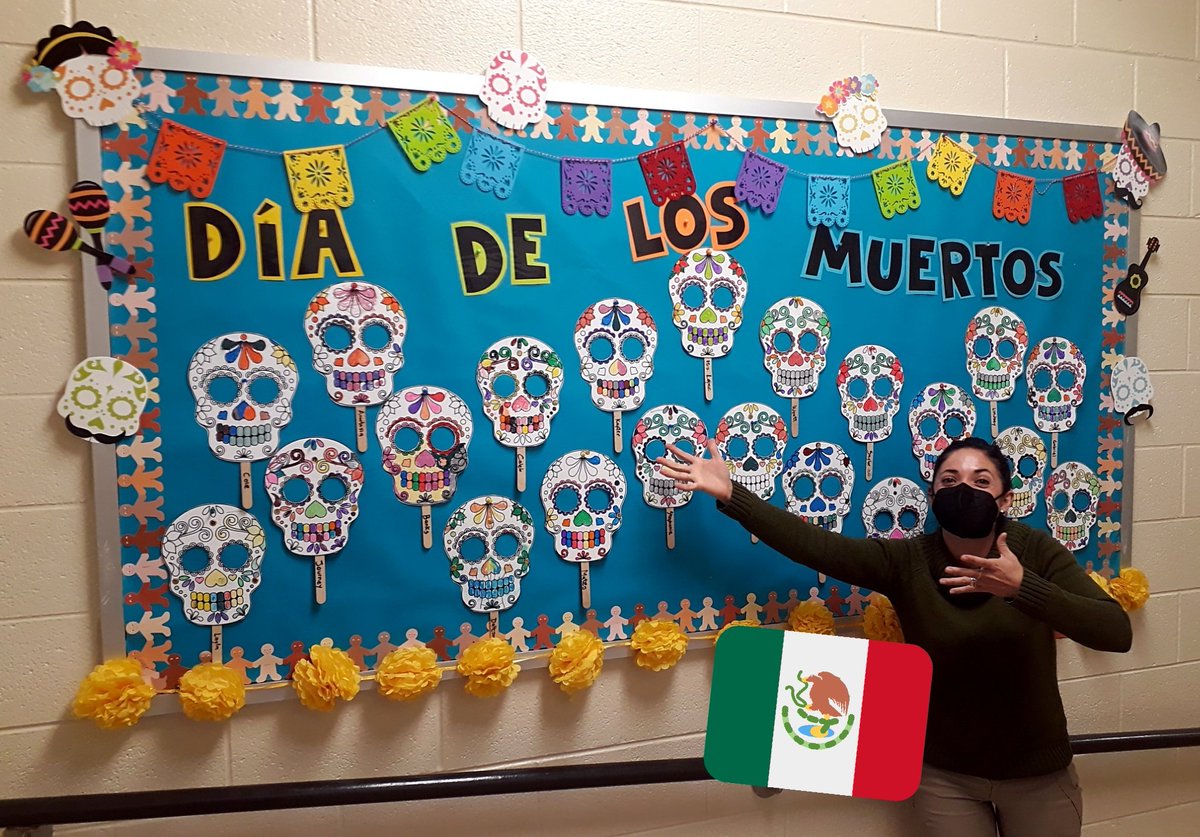 FelipeSPteacher's tweet photo. A #shoutout to my Co-teacher @CastiStephani for these beautiful "calaveritas" masks celebrating #DiaDeMuertos They're so colorful that show us how happy this day should be! And now they're part of our mural outside our classoom so everyone can see 😄 #DCSBetterTogether  #teamwork https://t.co/v9wXk4yexd