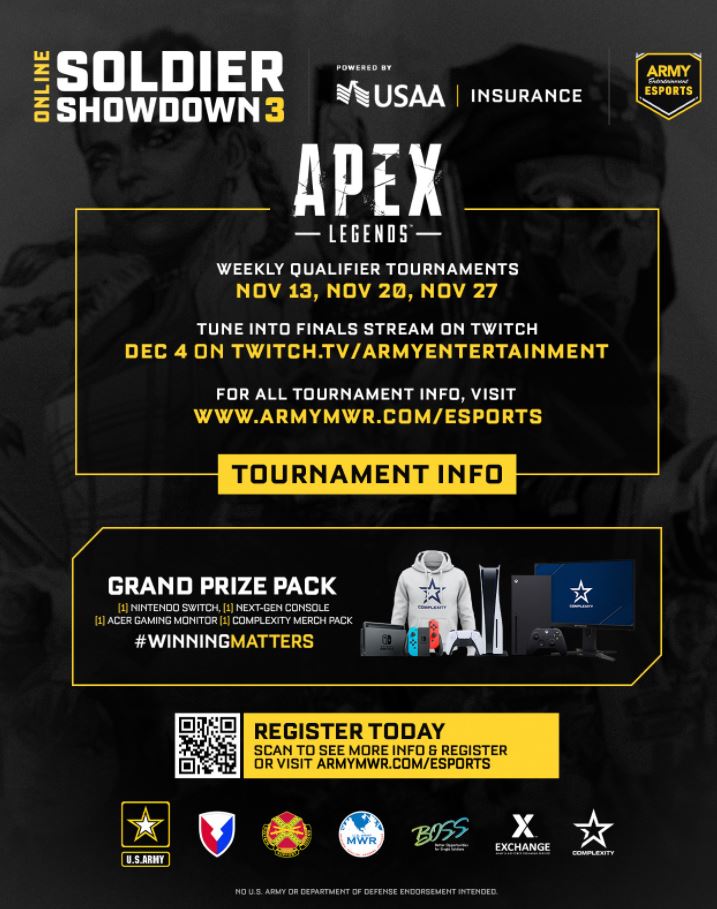MWRHuachuca's tweet photo. The last tournament series for the  Army Entertainment Esports Online Soldier Showdown 3 powered by @USAA  starts next week with APEX LEGENDS. Registration is open now at https://t.co/MzWoDfyjJX. #Armyesports #esports #ApexLegends https://t.co/70KdeAFJjw
