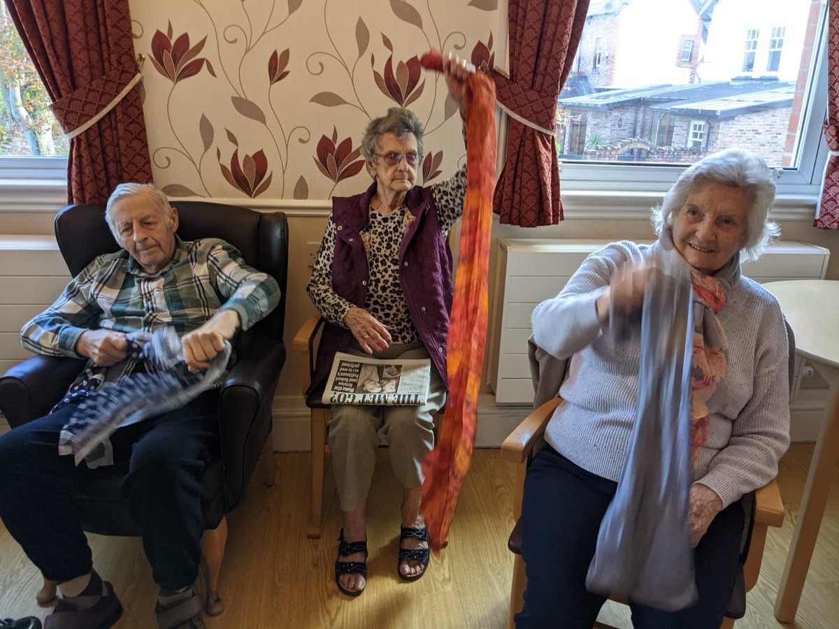 KeateCare's tweet photo. Chair based exercises with scarfs today! Going with the flow, colour therapy and the power of music 🎶 #exercises #carehome #carehomenews #chairbased #Lymm https://t.co/Dz8ak2IV9U