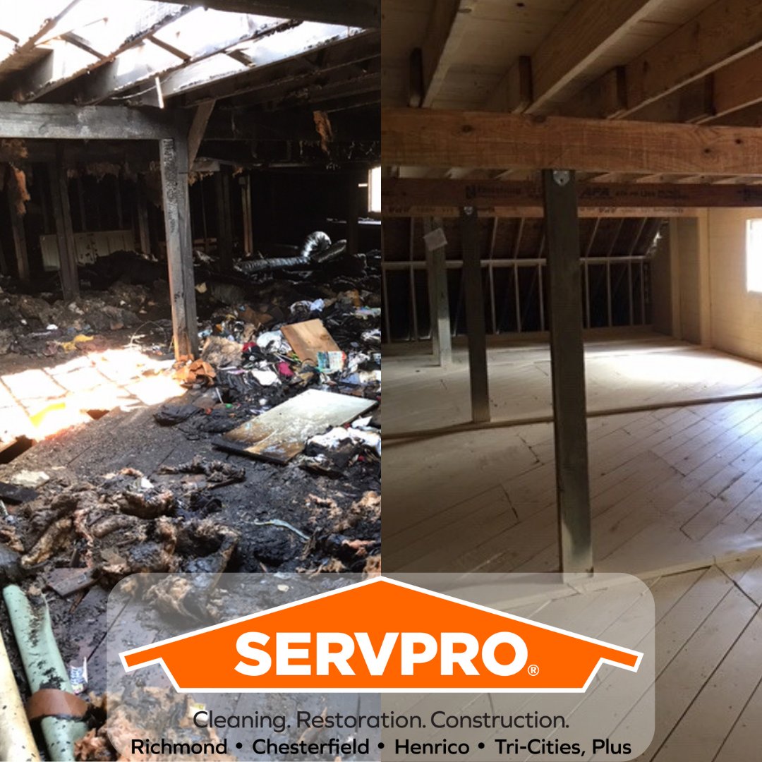 Fire works fast, but so do we! A wire set fire to this attic space, and our talented team was asked to handle cleaning and reconstruction. Let #SERVPRO of Richmond/Henrico help make it "Like it never even happened."
