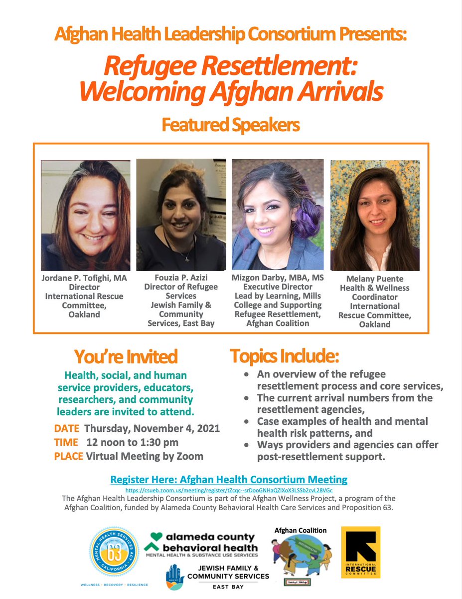 Our ED, <a href="/MizgonZDarby/">Mizgon Zahir</a>  will be speaking on a panel TOMORROW from 12-1:30pm at the next Afghan Health Leadership Consortium (AHLC) meeting! You'll hear about the efforts to partner and coordinate together to welcome incoming Afghan arrivals. Let's this conversation going!