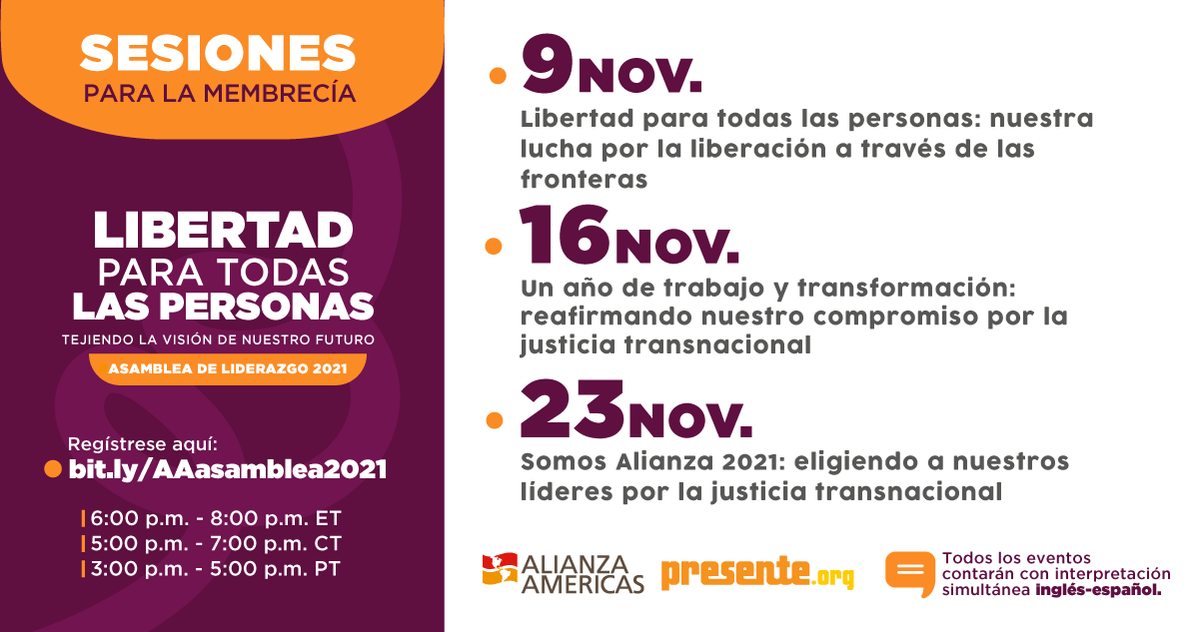 ALIANZAAMERICAS's tweet photo. 📢Nuestra Asamblea de Liderazgo 2021 contará con espacios exclusivos para la membrecía de @ALIANZAAMERICAS en los que evaluaremos nuestro trabajo, estableceremos líneas de incidencia y elegiremos integrantes de la Junta Directiva. Más: https://t.co/QSn8YCgfPR #AAasamblea2021 https://t.co/T6NXsu2atd