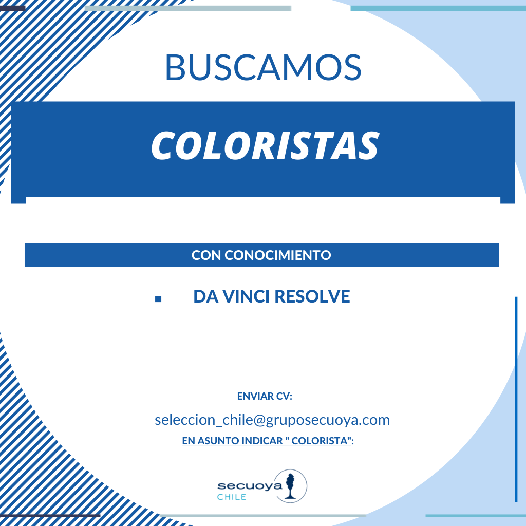 secuoyachile's tweet photo. #OportunidadLaboral #Coloristas
En #SecuoyaChile estamos en la búsqueda de Coloristas con conocimiento en #DaVinciResolve.
Envíanos tu CV a seleccion_chile@gruposecuoya.com indicando en el asunto el cargo al que estás postulando.
#haypega #ofertasdetrabajo #empleosChile https://t.co/YTdbaVstAr