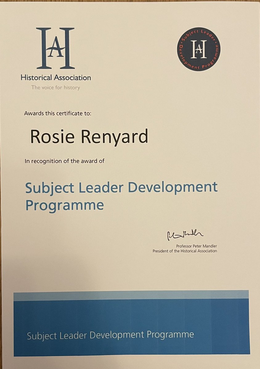 Rose_Wren_'s tweet photo. Very pleased to receive this from @histassoc today. Really great CPD that I would thoroughly recommend. I’ve been a HoD for years but I think I’m a better one now, having completed the programme.Thanks to @HughJRichards,@CatPriggs and the other course leaders for their guidance. https://t.co/6KcNpdeQS3