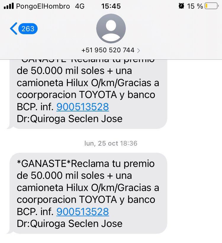 ocram's tweet photo. dos semanas en el Perú y no hay día que no me llegue un mensaje de estafa https://t.co/FlESYkqYgR