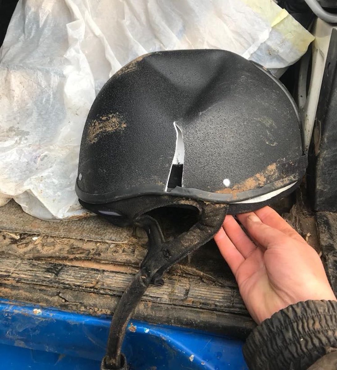 Rider who fractured skull shares images of hat after horse landed on her trib.al/yhl0YlJ