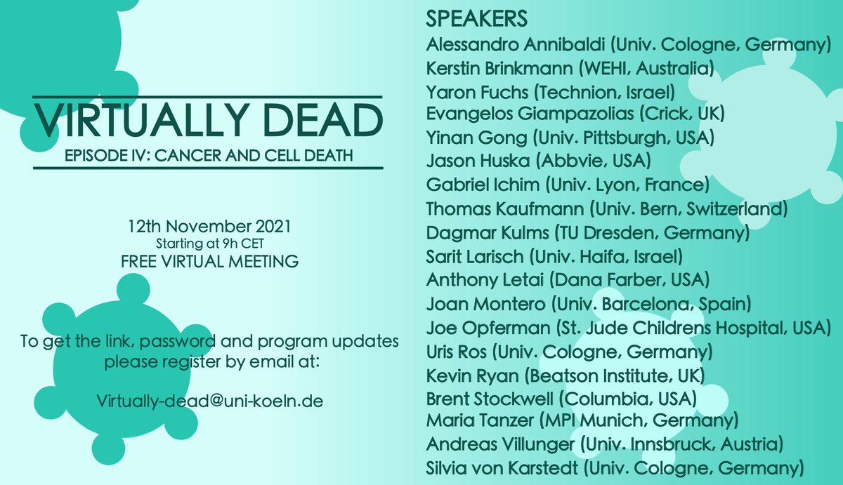 Last call to sign up for Virtually Dead IV - Cell Death and Cancer, 12th Nov - free registration just e-mail virtually-dead@uni-koeln.de - stellar line-up 👇RT/like etc. @GarciaSaez_Lab