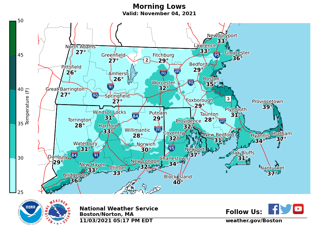 NWSBoston's tweet photo. [Tonight] Mainly clear skies with light winds tonight, but it will be cold. Low temps will bottom out in the middle to upper 20s in many outlying locations; to the lower to middle 30s in most urban centers. This will be the coldest night of the fall season in many areas. https://t.co/seyPjkJpzb