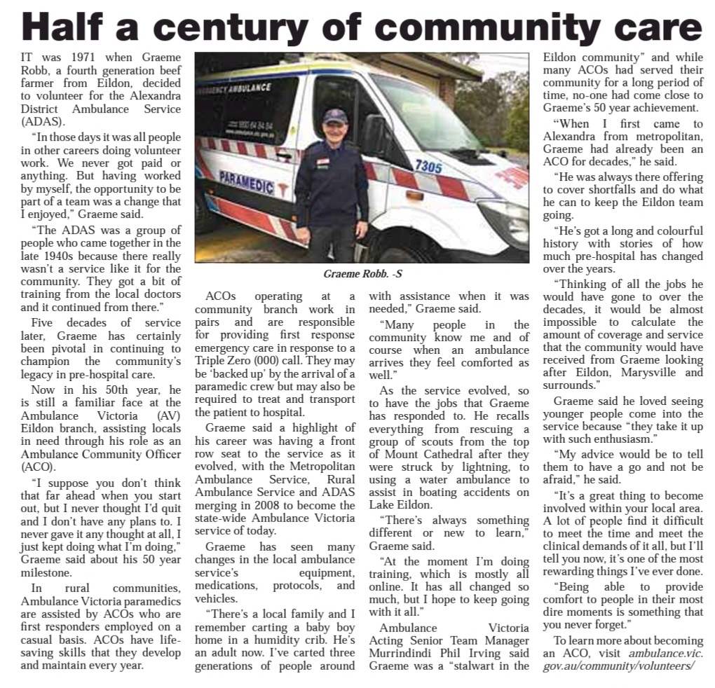 agwalker01's tweet photo. 50 years service to the Alexandra and Eildon communities and still going strong. Good on you Graeme - we really do stand on the shoulders of giants πβ€ #CommunityInAmbulance #BetterTogether https://t.co/H9n7HYgI5H