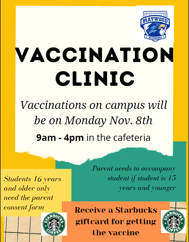 Clínica de vacunación COVID-19 en Maywood Academy
Lunes 8 de 2021 de 9 a.m. a 4 p.m.

COVID-19 Vacination Clinic at Maywood Academy
Monday 8th,2021 9am - 4pm