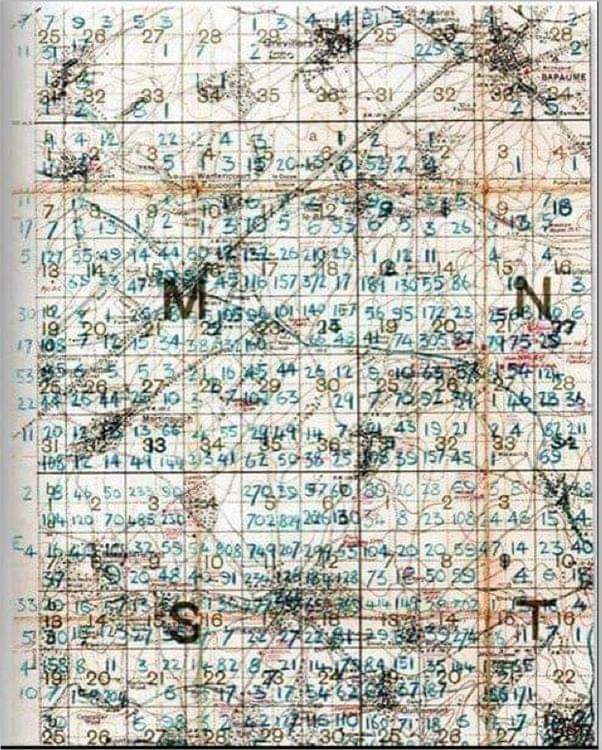 Flanagan1963's tweet image. @HardcoreHistory This is a body density map of an area of the Somme and was compiled around 1919 as they recovered the bodies from the battlefield..... Each small grid square is 250 metres by 250 metres and the numbers written by hand, in blue, show the number of bodies recovered