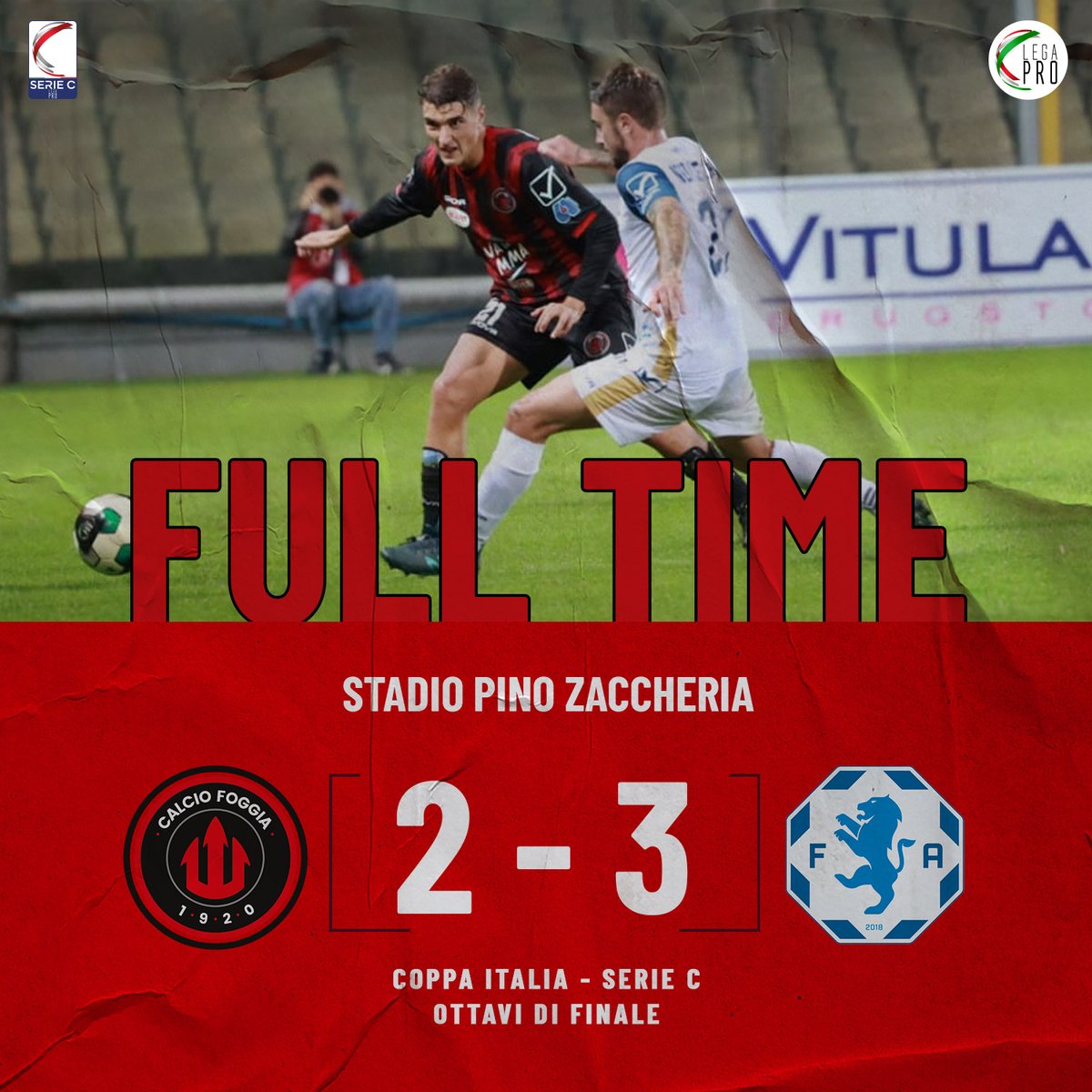CalcioFoggiaoff's tweet photo. 🔴 𝐅𝐔𝐋𝐋 𝐓𝐈𝐌𝐄 ⚫
Fischio finale allo #Zaccheria
#Foggia 2️⃣ #FidelisAndria 3️⃣
I rossoneri lasciano la #CoppaItalia
🔴⚫#ForzaFoggia #ForzaRagazzi
#FOGFID 2-3
#CoppaItaliaSerieC https://t.co/hAmVnzdOXX