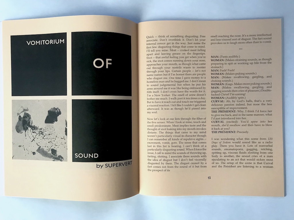 supervert's tweet image. Supervert's "Vomitorium of Sound," an essay on the relationship between music and disgust, features in this cool new zine by @infrequentseams. To order: infrequentseams.bandcamp.com/merch/continuo…