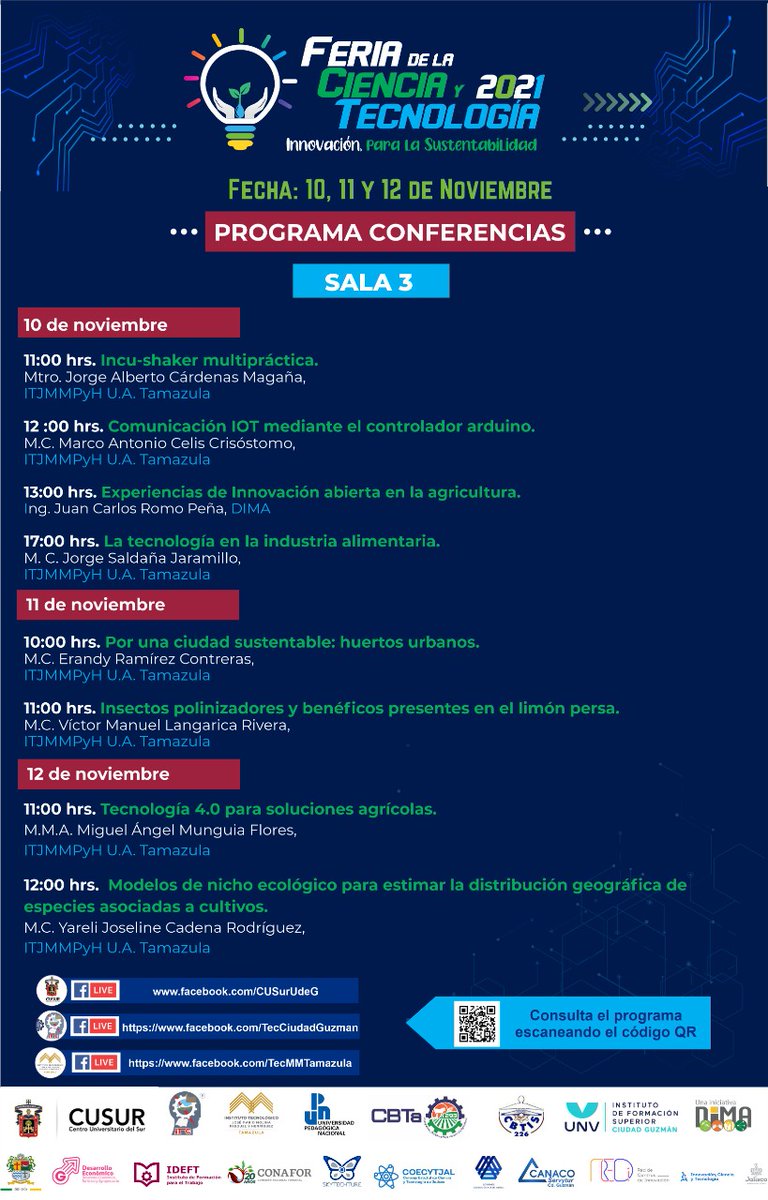 ZapotlanGob's tweet photo. Les compartimos la programación de conferencias, talleres, exposiciones y concursos de la Feria de la Ciencia y Tecnología 2021, en su décima edición, que se realizará los días 10, 11 y 12 de noviembre en el Recinto Ferial, bajo el lema de “Innovación para la sustentabilidad”. https://t.co/JwhSz8mE40