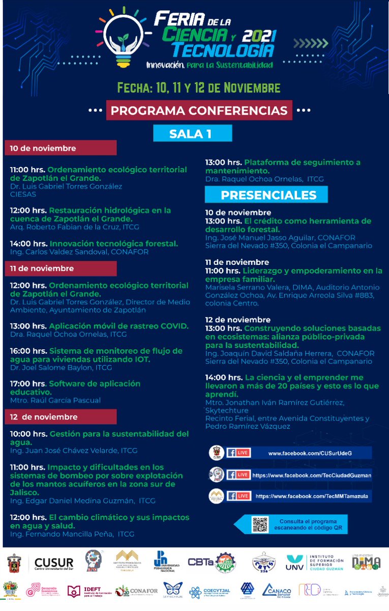 ZapotlanGob's tweet photo. Les compartimos la programación de conferencias, talleres, exposiciones y concursos de la Feria de la Ciencia y Tecnología 2021, en su décima edición, que se realizará los días 10, 11 y 12 de noviembre en el Recinto Ferial, bajo el lema de “Innovación para la sustentabilidad”. https://t.co/JwhSz8mE40