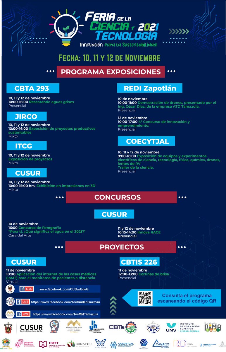 ZapotlanGob's tweet photo. Les compartimos la programación de conferencias, talleres, exposiciones y concursos de la Feria de la Ciencia y Tecnología 2021, en su décima edición, que se realizará los días 10, 11 y 12 de noviembre en el Recinto Ferial, bajo el lema de “Innovación para la sustentabilidad”. https://t.co/JwhSz8mE40
