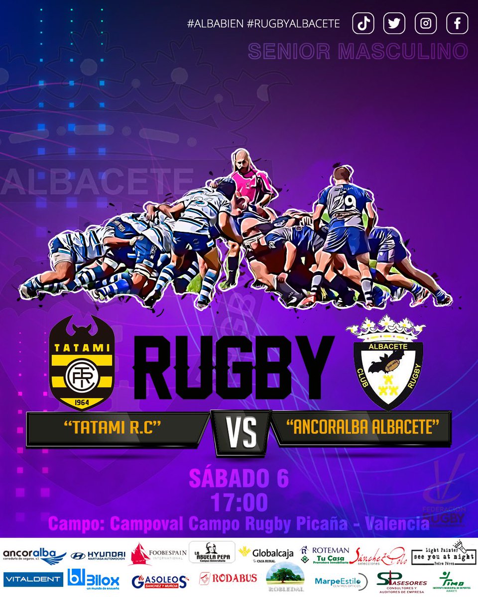 Ready for the weekend!! 
¡Estad atentos a nuestras redes sociales! 🔵⚪️

Senior Masculino
🕘 Sábado 6 a las 17h
🏉 vs <a href="/Tatami_Rugby/">Tatami Rugby Club</a> 
🏟 Campo rugby Picanya (Valencia)

#rugbyalbacete #cralbacete #albabien #matchday #rugby