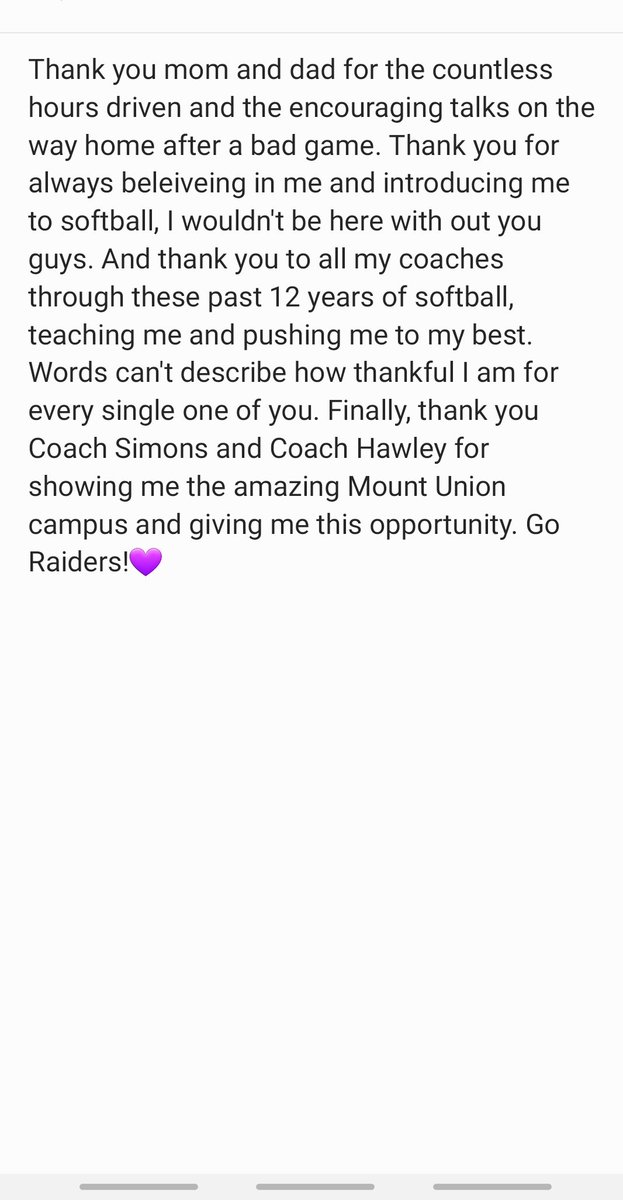 I am very blessed to announce I have chosen to continue my athletic and academic career at the University of Mount Union! Thank you to all my family, friends, and coaches throughout the years who helped me get here. Go Raiders!💜 <a href="/UMU_Softball/">University of Mount Union Softball</a> <a href="/medinafastpitch/">Medina Fastpitch</a> <a href="/18UOHT3MavsGold/">17U Ohio T3 Mavericks Gold</a>