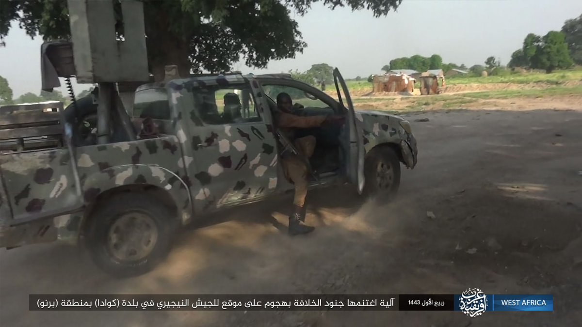 war_noir's tweet photo. #Nigeria: #ISWAP also released a photoset of their attack on #NA in #Kwada, #Borno.
Militants can be seen while using a technical with NSV HMG, AKM(S) pattern rifles, an FN MAG and what seems to be a possible 7.62x51 rifle (perhaps G3A3 patterned rifle?). https://t.co/IjTM7lqjcC