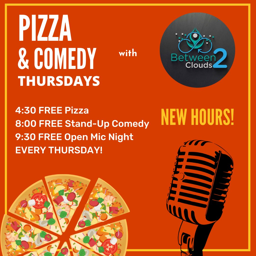 CloudsBrewing's tweet photo. Starting this Thursday, we've got new hours for post-work beer and live comedy! Join us starting at 4:30 for free pizza and stick around for (free!) stand-up followed by an open mic night. It's all the comedy from Between2Clouds you've come to love....but now it's free! https://t.co/82TfFcsRM7