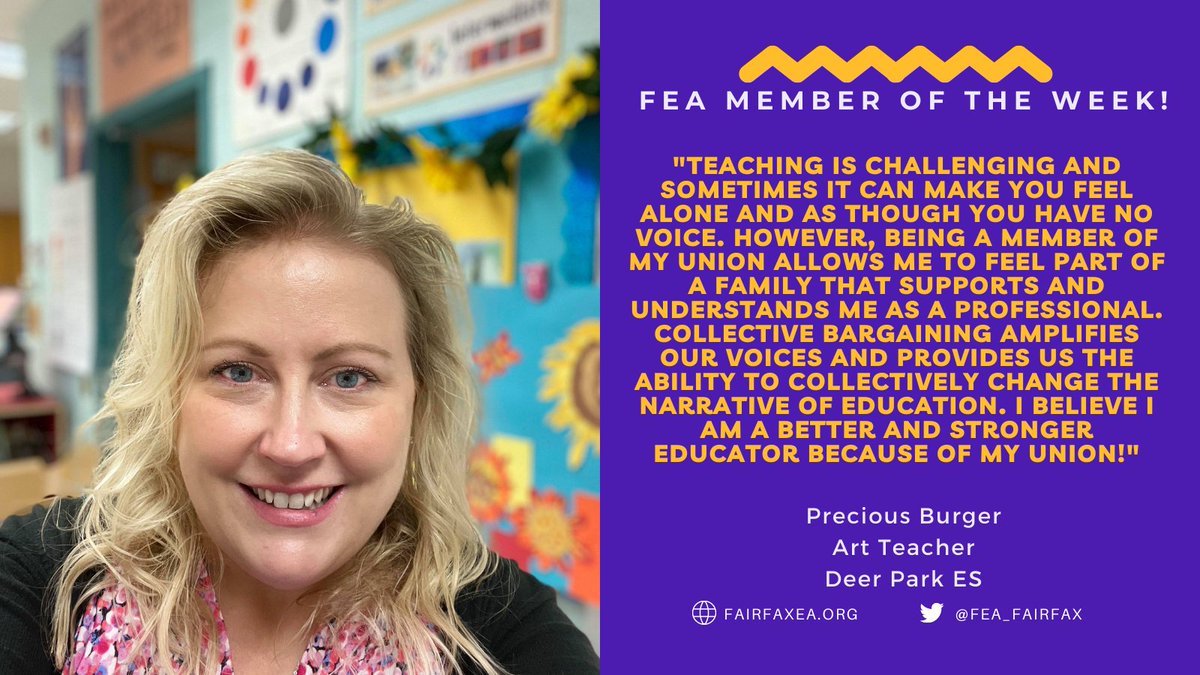 FEA_Fairfax's tweet image. We are proud to feature Art Teacher, Precious Burger from Deer Park ES as our fantastic member of the week! FEA commends Precious&apos; dedication to teaching while also sharing her unique voice that echoes many in our #union.

#Organizing2Bargain #VEAStrong #Red4Ed #RedForEd #FCPS