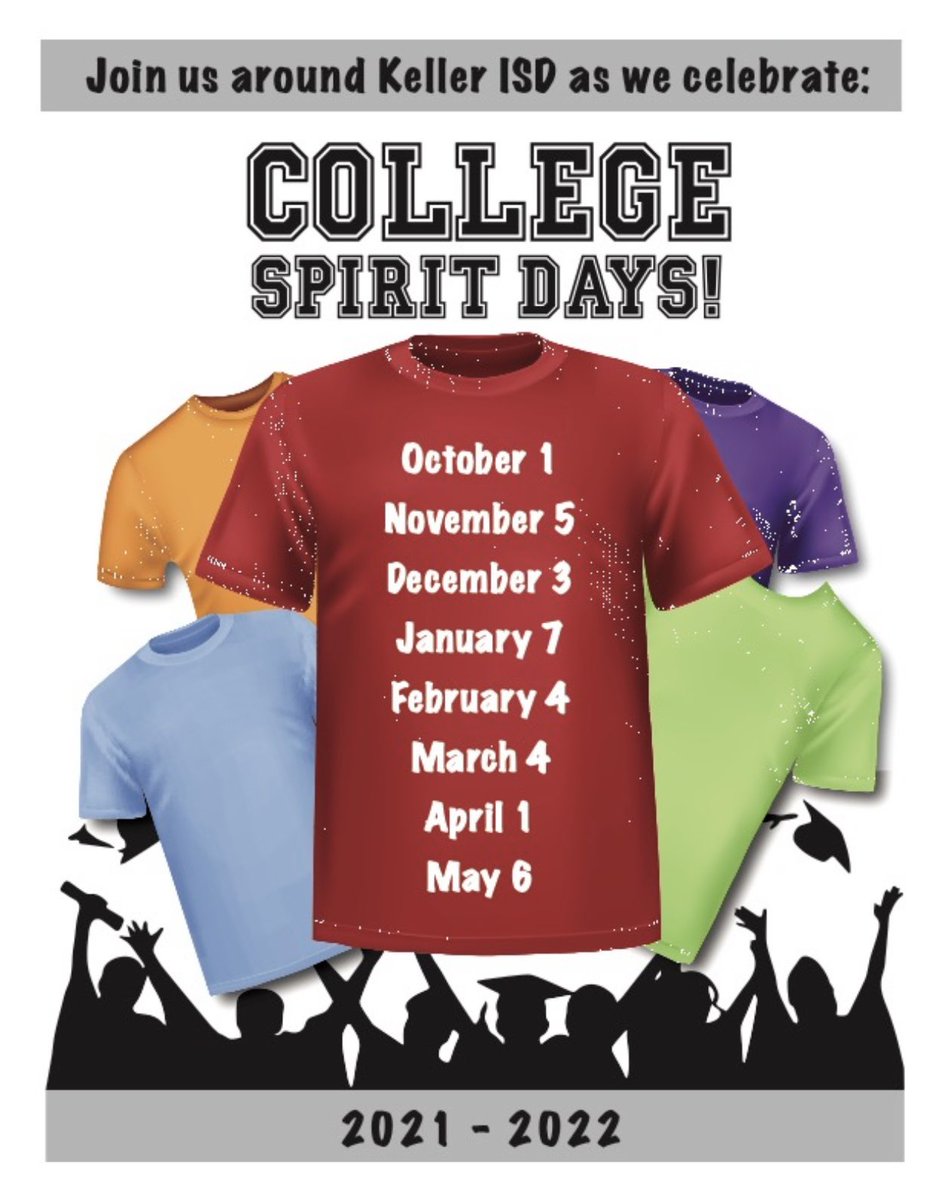 It’s almost time <a href="/KellerISD/">Keller Schools</a> to show our college spirit throughout the district. Take a picture on Friday in your favorite college gear and tag <a href="/KellerISD_CCMR/">Keller ISD College, Career & Military Readiness</a>! #CelebrateKISD