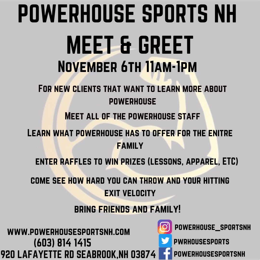 🚨Powerhouse Sports NH Meet &amp; Greet🚨 

✅Come by Saturday 11am-1pm 
✅Enter raffles to win prizes (Lessons, Apparel, ETC) 
✅See how hard you throw and your hitting exit velocity

🚨See you Saturday!🚨