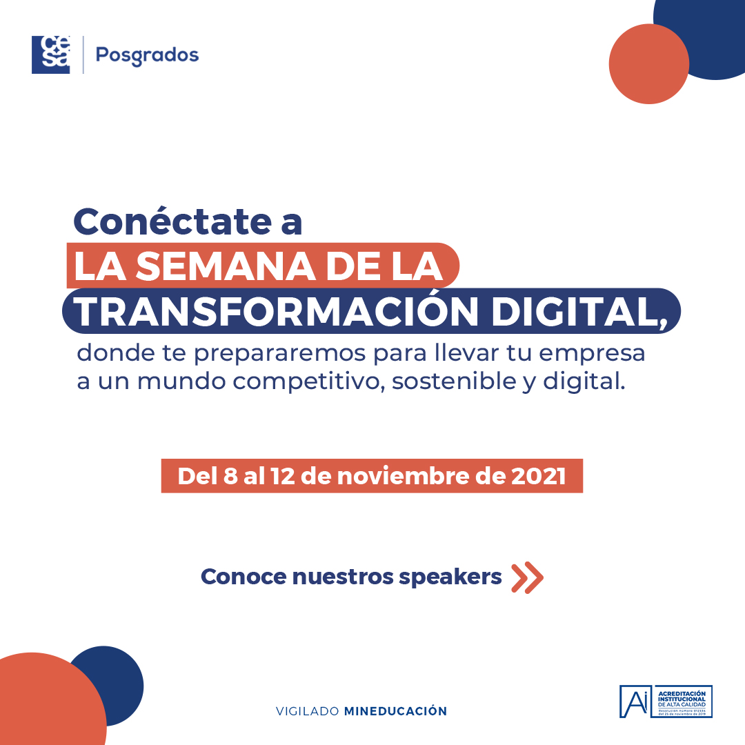 CESA_edu's tweet photo. Si te apasionan las nuevas tecnologías, no te pierdas la Semana de la #TransformaciónDigital del CESA. Del 8 al 12 de noviembre, expertos hablarán sobre cultura, operaciones y tecnología. 
📲 Conéctate aquí: https://t.co/nKWLPQVeB9 
#ProgresoProfesionalCESA https://t.co/I24k3rAzOs