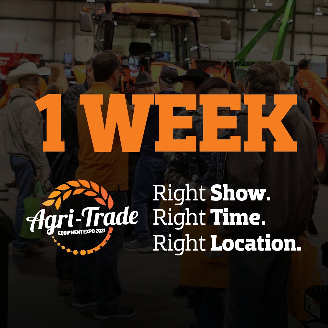 agritradetoday's tweet photo. Only one more week until #AgriTrade21!

November 10th - 9am to 5pm 
November 11th - 9am to 5pm 
November 12th - 9am to 5pm 

If you haven't purchased your tickets, you can get them at https://t.co/IQqRtdSec3 or pick them up at the door! See you all in less than 168 hours🍁 https://t.co/RJERV0tWal