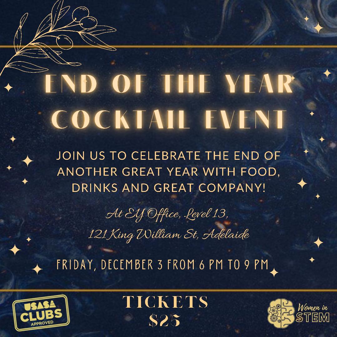 Looking for a fun way to end 2021? ⚡️✨🥂
We are so proud to bring you our End of year Cocktail event.
There are limited tickets available so get in quick! 💗🥳
Get your tickets via: usasa.sa.edu.au/Clubs/WSTEM/Pr…